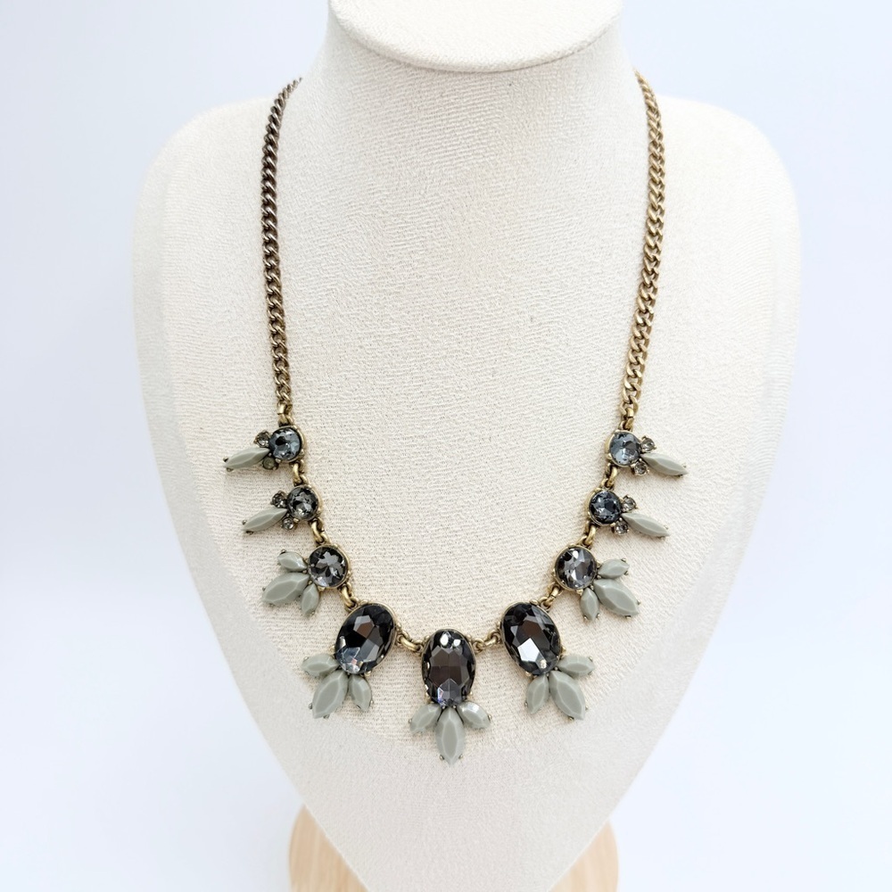 J.Crew Gold Tone Chain Necklace with Smokey Faceted Stones & Leaf Accents